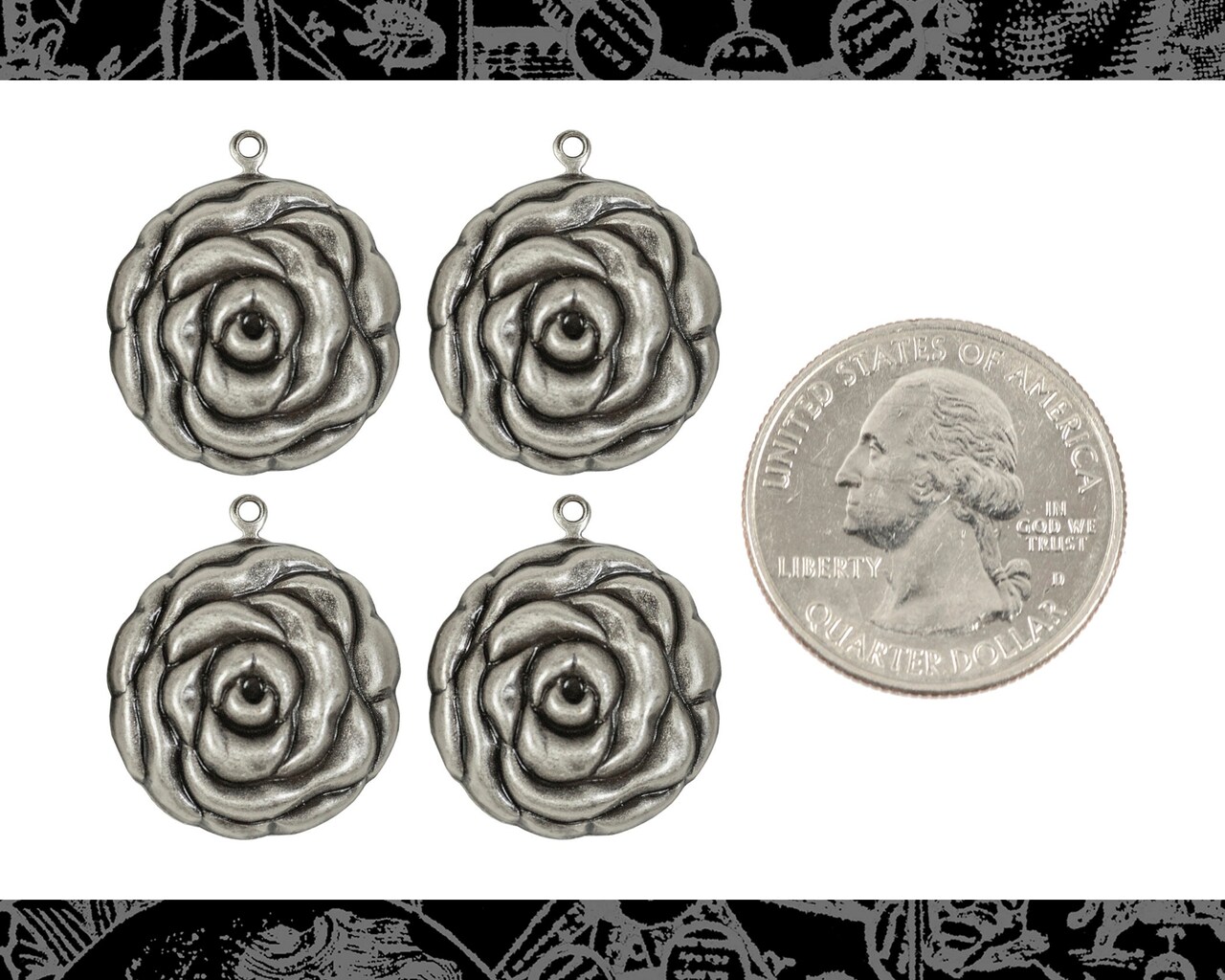Antiqued Silver Plated Brass Fat Rose Charms - Set of Four - S-C225